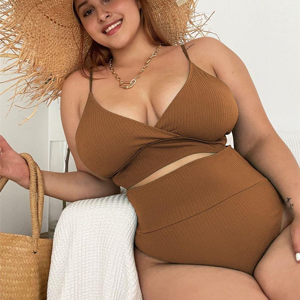 2026 Plus Size European & American High Waist Neck Tie Bikini Swimsuit for Women