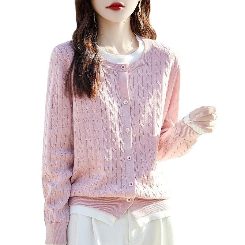 Crew Neck Color Matching Fake Two-piece Cardigan Women's Autumn and Winter New Loose Twist Women's Sweater Jacket Knitted Top