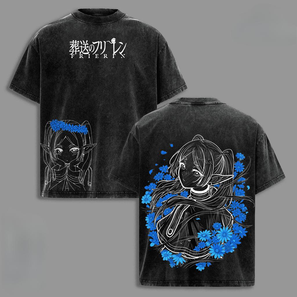 Frieren Anime T-shirt Harajuku Short Sleeve Tshirt For Men's Clothing Vintage Washed Oversized T Shirt Casual Cotton Tees Tops