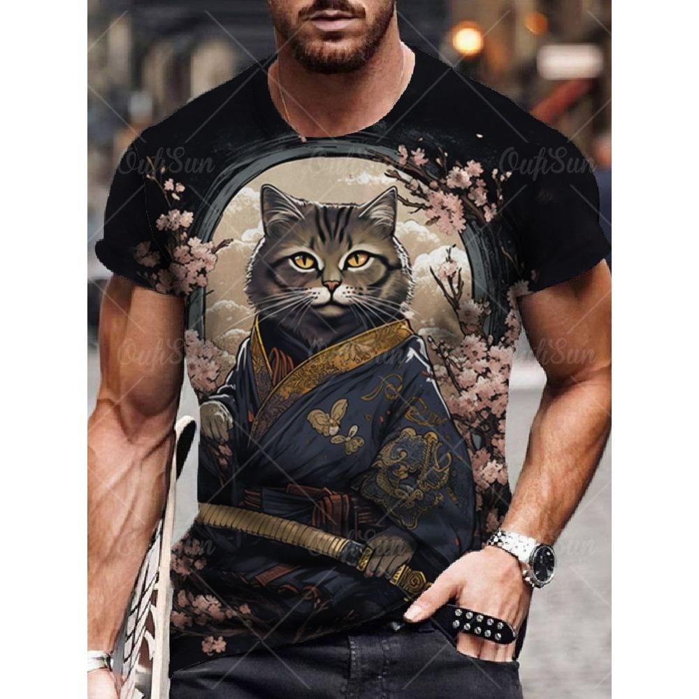 Japan Style Men's T-shirts 3D Samurai Cat Theme Print Short Sleeve T Shirts Fashion Men Women Crew Neck Tops Summer Clothing
