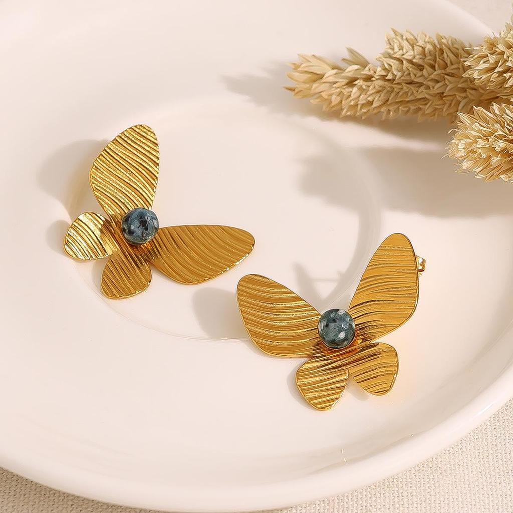 Retro African Turquoise Butterfly Earrings, 18K Gold-Plated Titanium Steel, Women's Fashion Jewelry