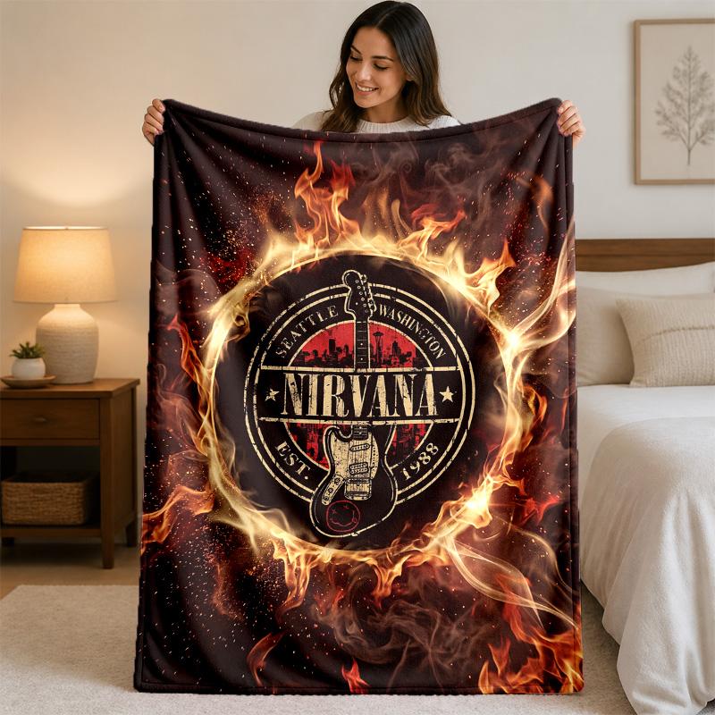 Nirvana Print Flannel Blanket Cozy Lightweight Plush Throw Blanket For Bed Sofa Household Use