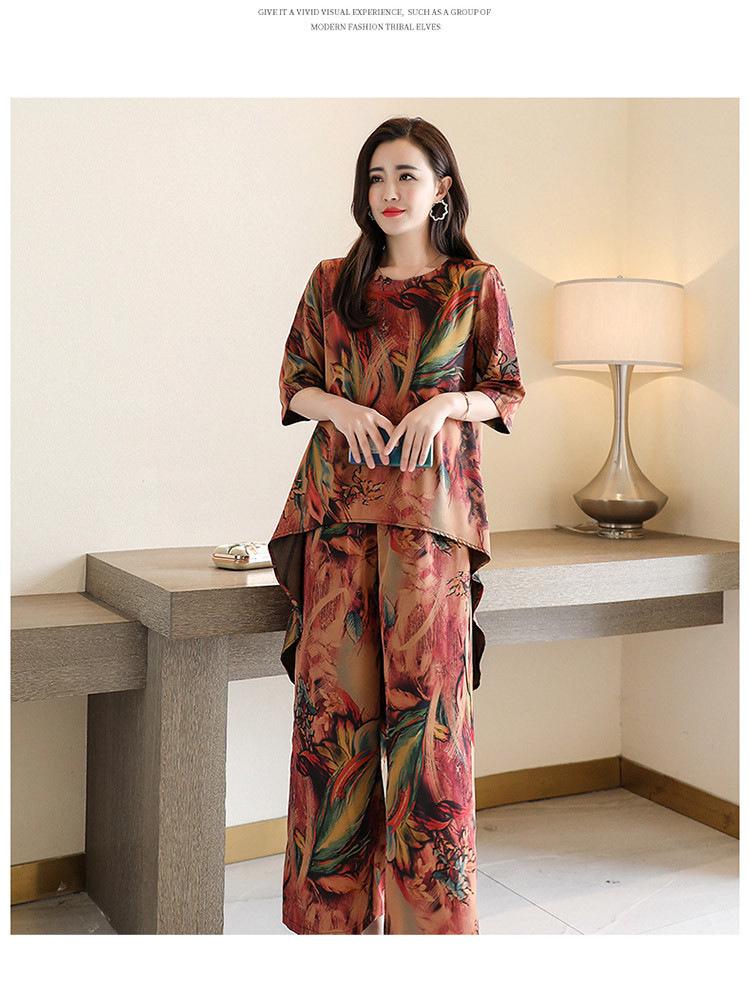 2024 Sommer Damen Retro Print Zweiteiliger Anzug: Modische Bluse mit lockerer Passform und Hose mit weitem Bein