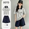 Stylish Girls' Cotton Short-Sleeve Polo Shirt Set for Ages 6-12 - Medium to Large Trendy Patchwork Design