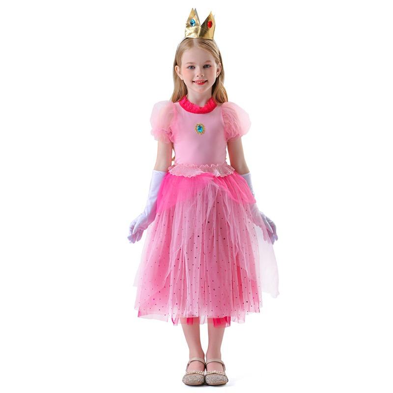 New Super Mario Kids Princess Peach Dress Girls Halloween Costume