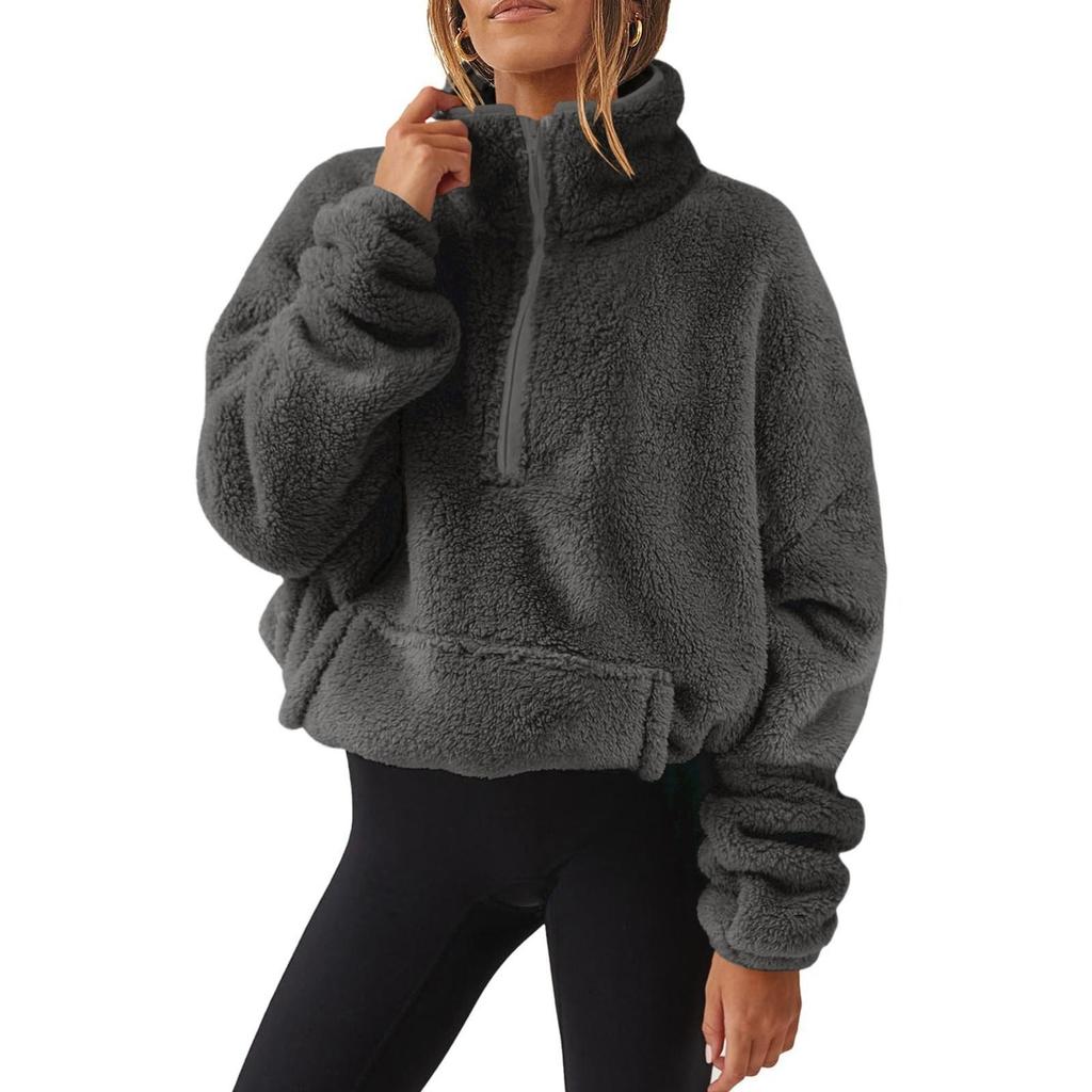 Women's Half Zip Fleece Pullover, Cozy Hoodie with Pockets, Solid Color Sweatshirt