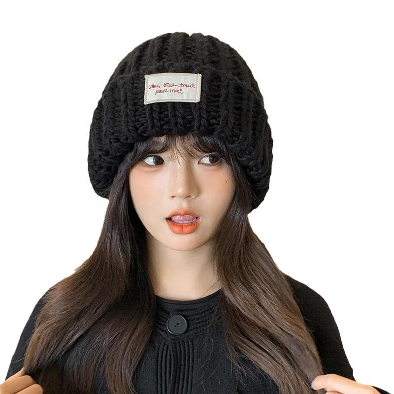 Big Head Circumference Knitted Hat for Women In Winter Korean Style All Match Big Head Thick Thread Pullover Hat for Women Showing Face Small Cold Hat