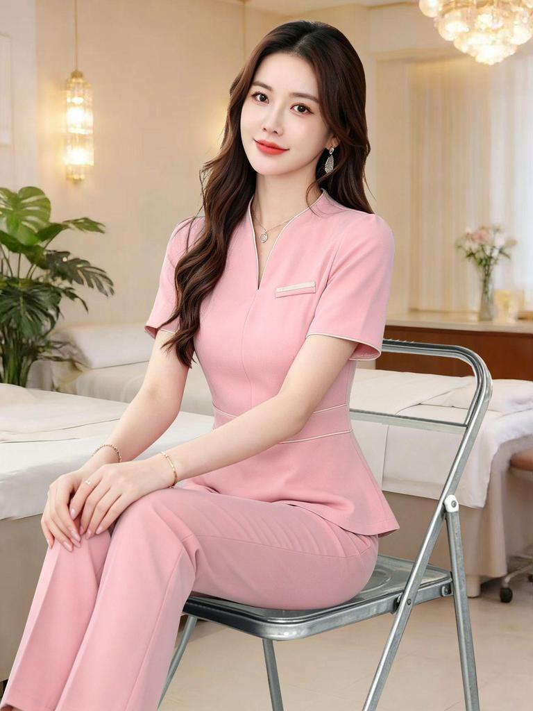 V-Neck Women's Professional Salon and Hotel Dress - Autumn Fashion Overalls Skirt