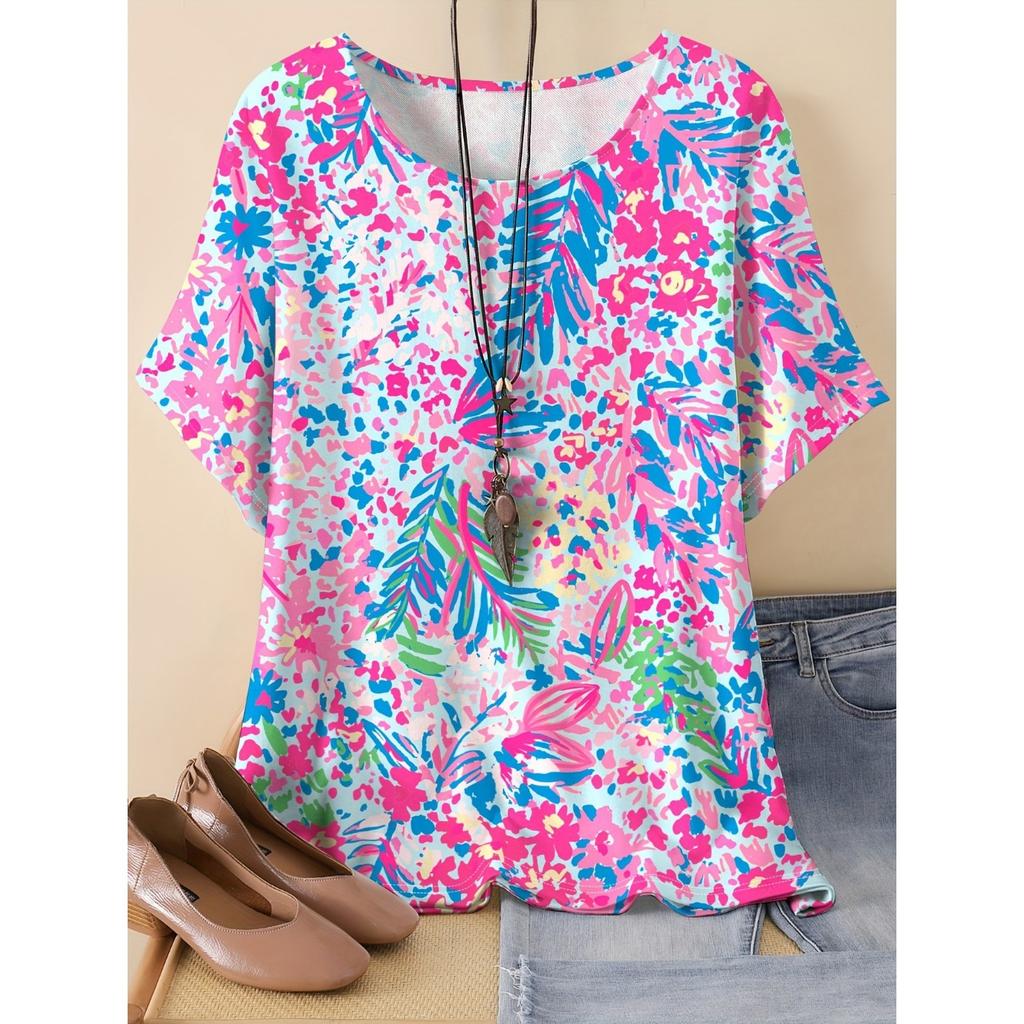 Summer Round Neck 3D Flower Pattern Print Top Fashionable Casual Short Sleeved Women's T-shirts