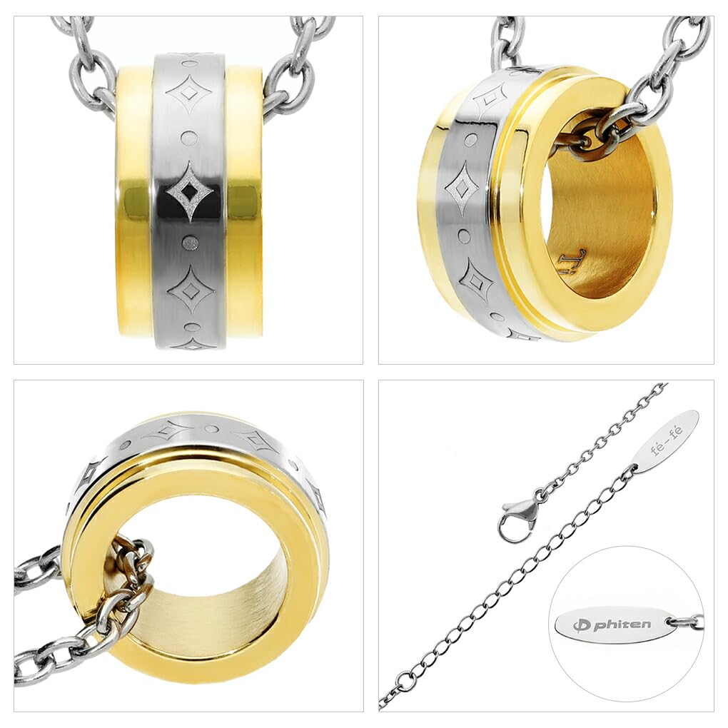 Phiten Fe-fe Diamond Pattern Ring, Titanium Necklace, Pendant with Gold Chain