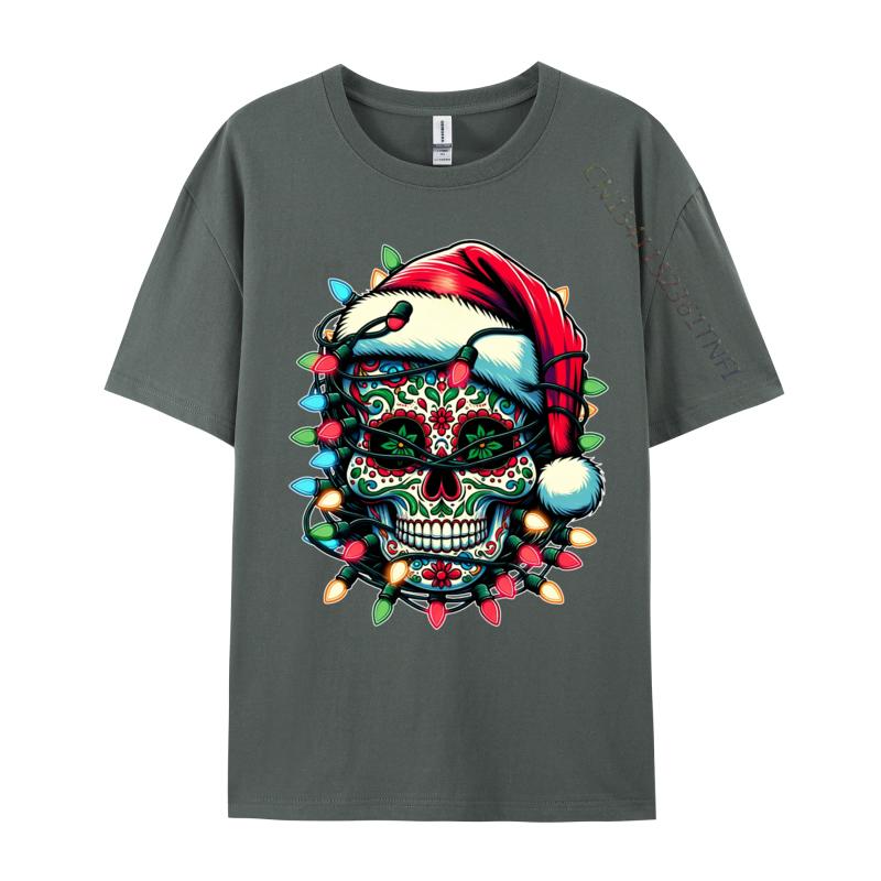 Weihnachten Zuckerschädel Weihnachtsmannmütze Lichter Tag der Toten X-Mas T-Shirts Herren T-Shirt Tops Baumwolle Oversized T-Shirt Herren Kleidung