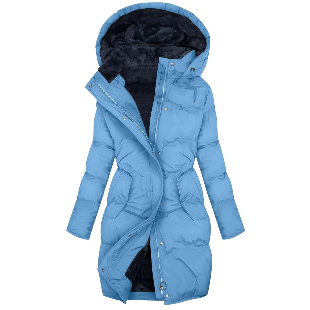 Women's Fashion Solid Color Long Sleeved Hooded Long Zipper Cotton Jacket Warm Coat Down Jacket