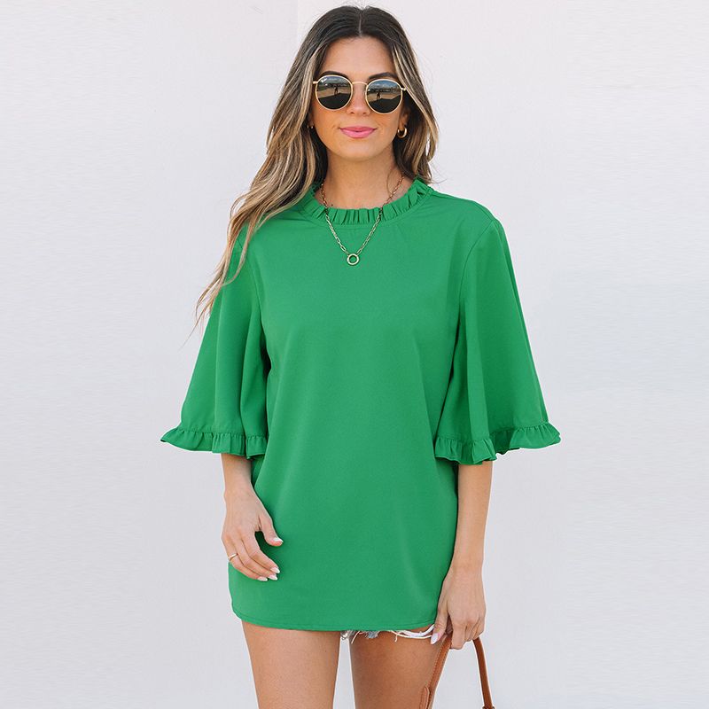 

American Shiying Spring New Arrival Frill Half Sleeve Chiffon Shirt Women 2025 Fashion Loose Pure Color Pullover Women Green S code fits (45.00 kg-55.00 kg