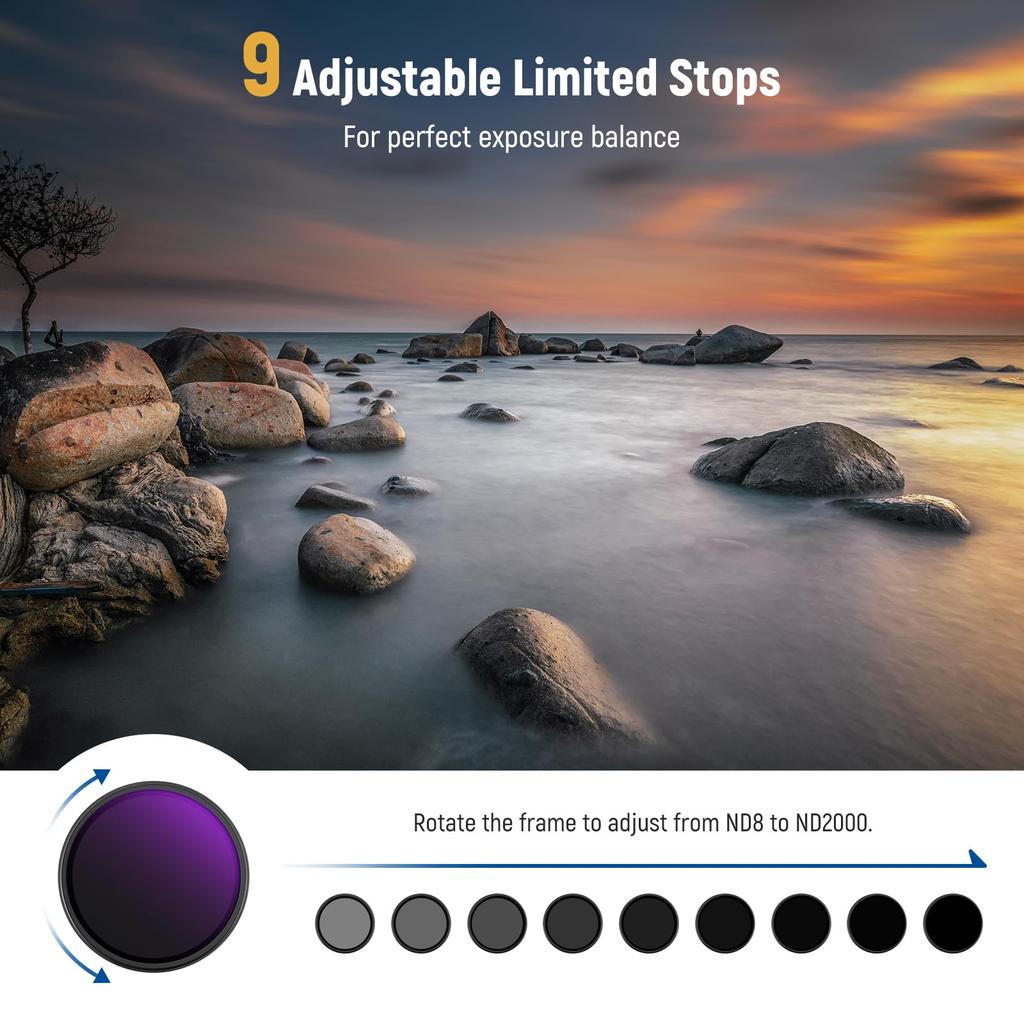 NEEWER 67mm Variable ND Filter True Color Hard Stops Optical Slim Aluminum Neutral Density Filter for Cameras (ND8-2000), & Stops, 3-11 Adjustable,