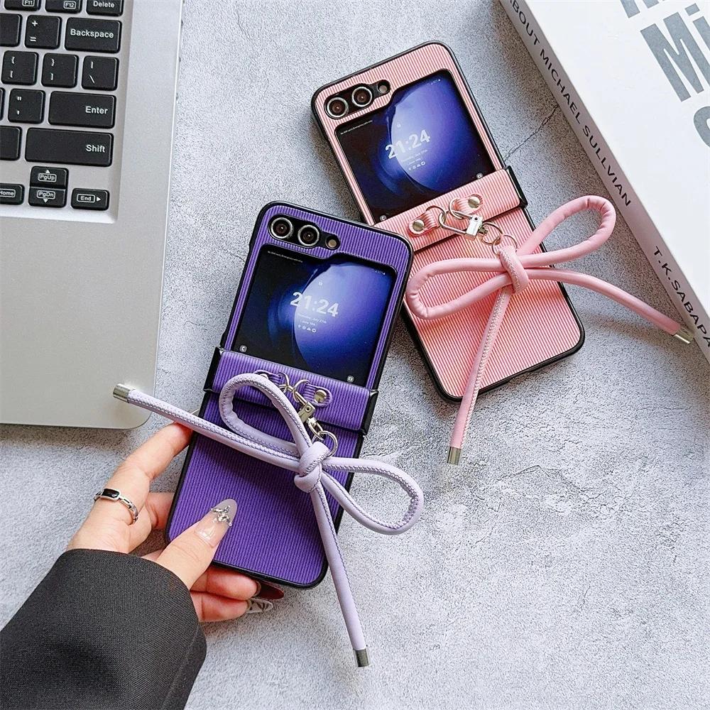 Stripe Texture PU Leather Cover with Bowknot Pendants for Samsung Galaxy Z Flip 6 5 4 3 5G Hard PC Hinge Protective Phone Case