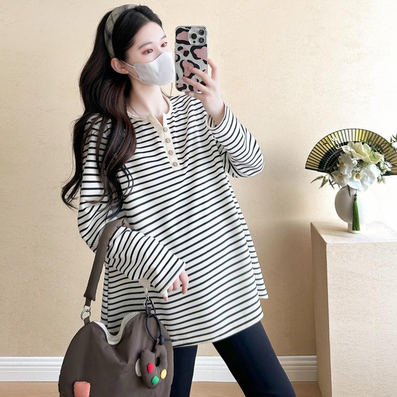 Pregnant Women's Spring Top Fashion Striped V-neck Loose and Versatile Slimming Pregnant Women's Long Sleeved T-shirt