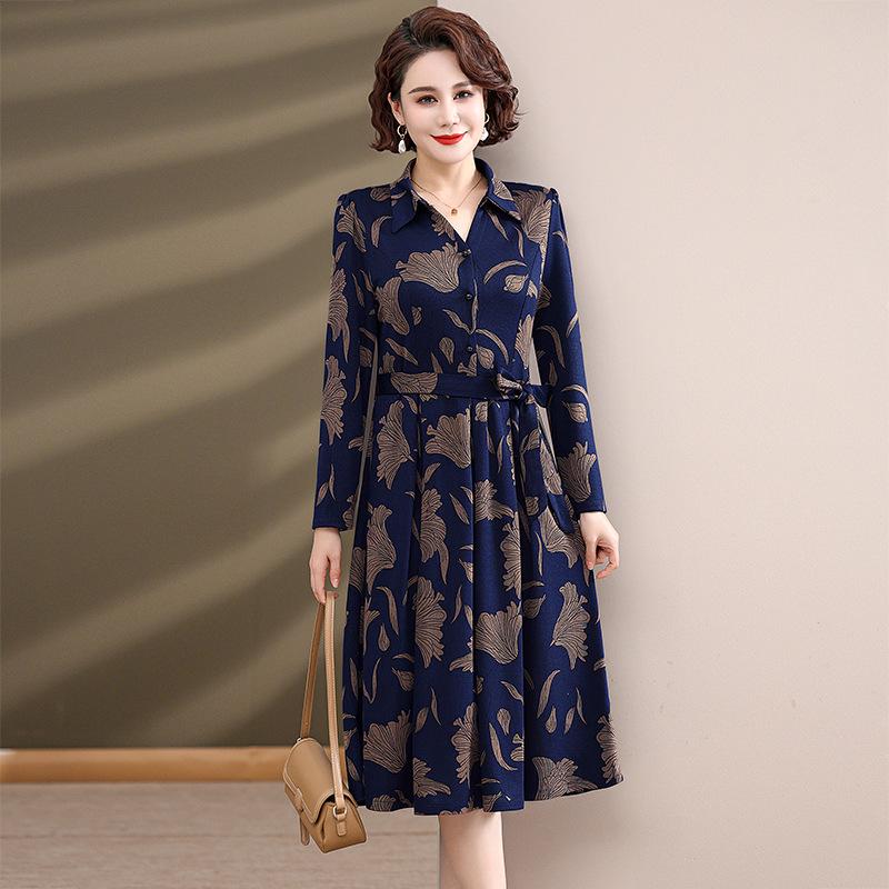 

Elegant Floral Collar Dress for Mom - 2026 Spring/Autumn Collection for Middle-Aged & Elderly Women 3XL (135-145 jin) темно-синього кольору