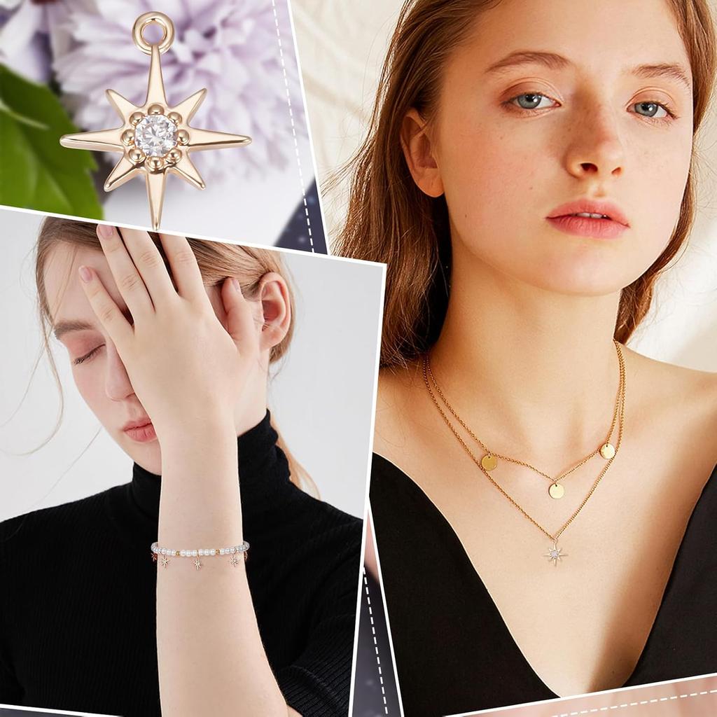 Beebeecraft 1 Box 20Pcs North Star Charms 18K Gold Plated Star Pave Cubic Zirconia Pendant Charms Small Jewelry Making Findings 10.5x8.5mm for DIY