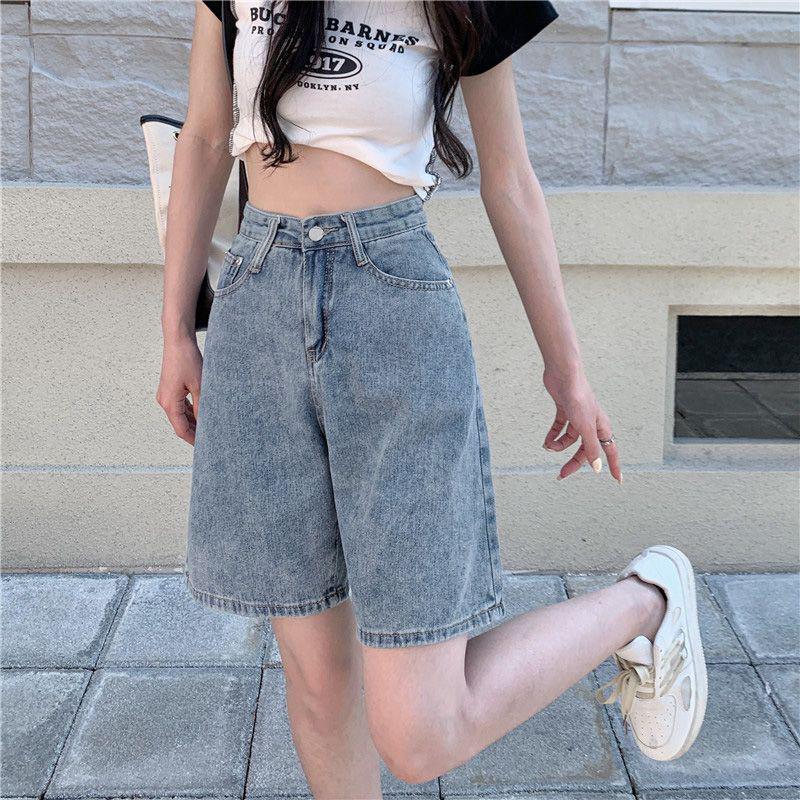 2026 Women's Retro High-Waisted Denim Shorts - Loose Mid-Length, Wide-Leg Style