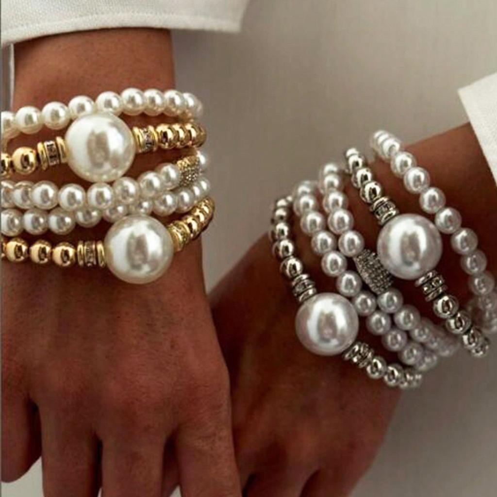 New Fashion Exaggerated Imitation Pearl Round Bead Bracelet 5-piece Set Stacked Creative Jewelry Set