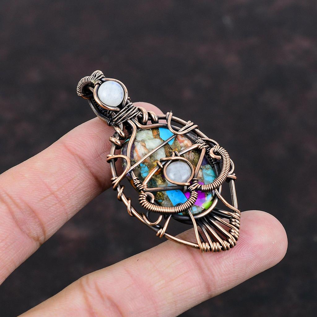 Evil Eye Multi Copper Turquoise Pendant Copper Wire Wrapped Gemstone Pendant Copper Jewelry Moonstone Pendant Gift For Mom Handmade Pendant
