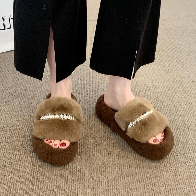Rhinestone fluffy slippers women's fashion 2025 autumn and winter new versatile heightening plush cotton slippers