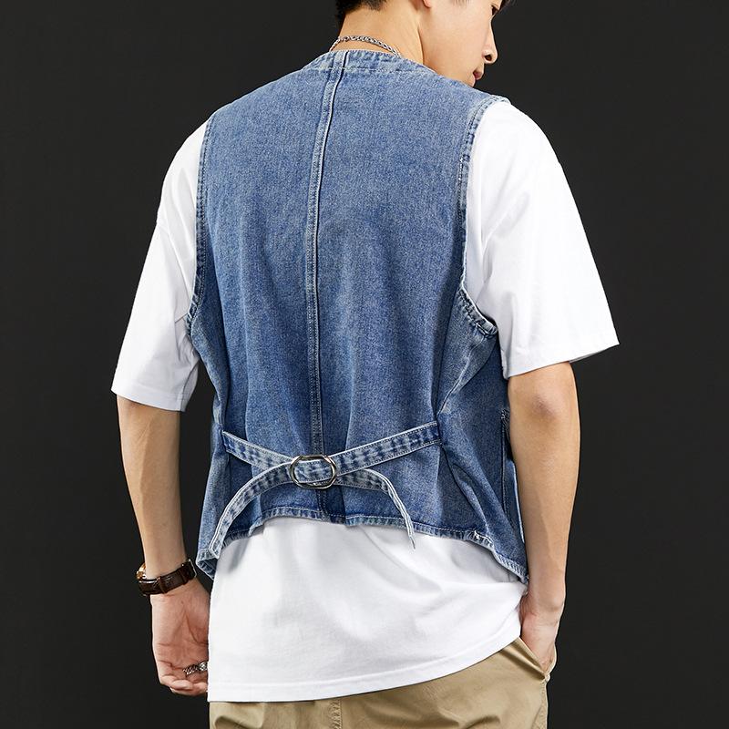 Gilet in denim estivo da uomo stile giapponese da lavoro casual ampio lavato di tendenza giovanile retrò giacca