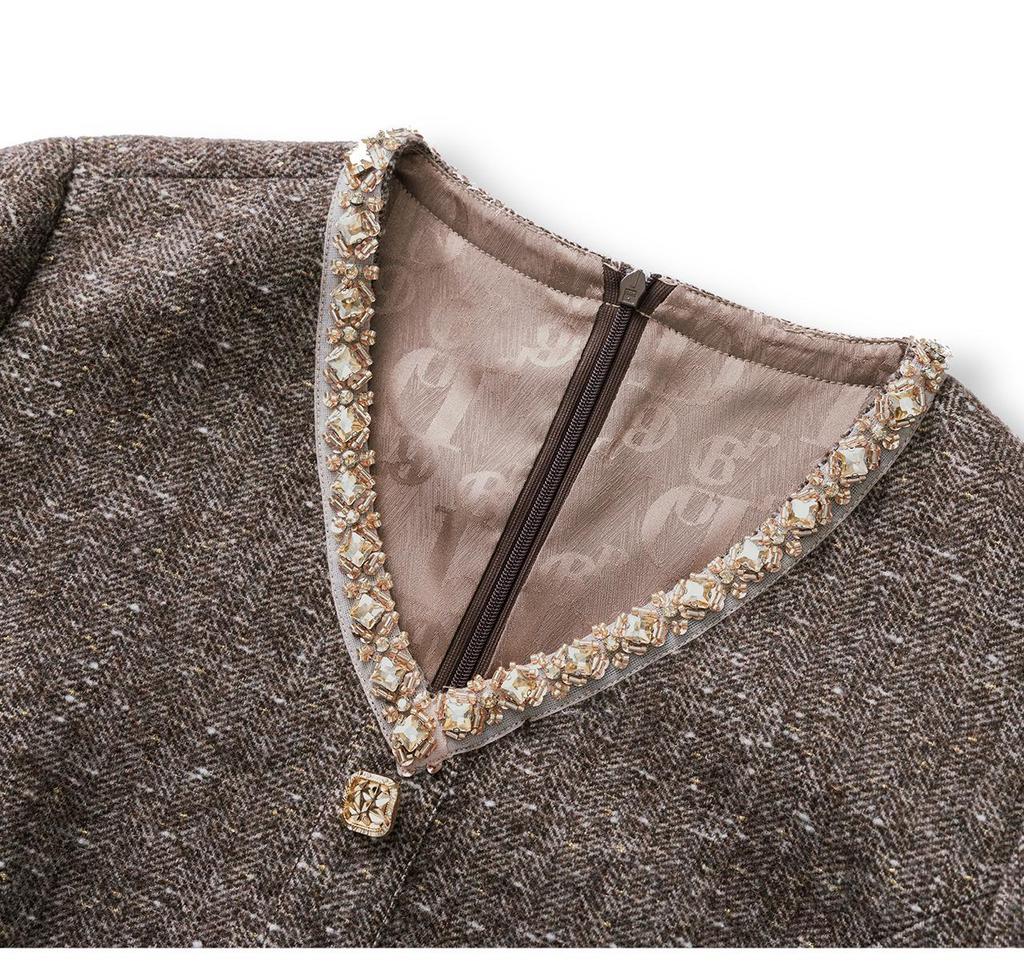 Kadınlar İçin Taşlı Yaka, Şık Sosyetik, Altın İplikli Balıksırtı Yün Elbise