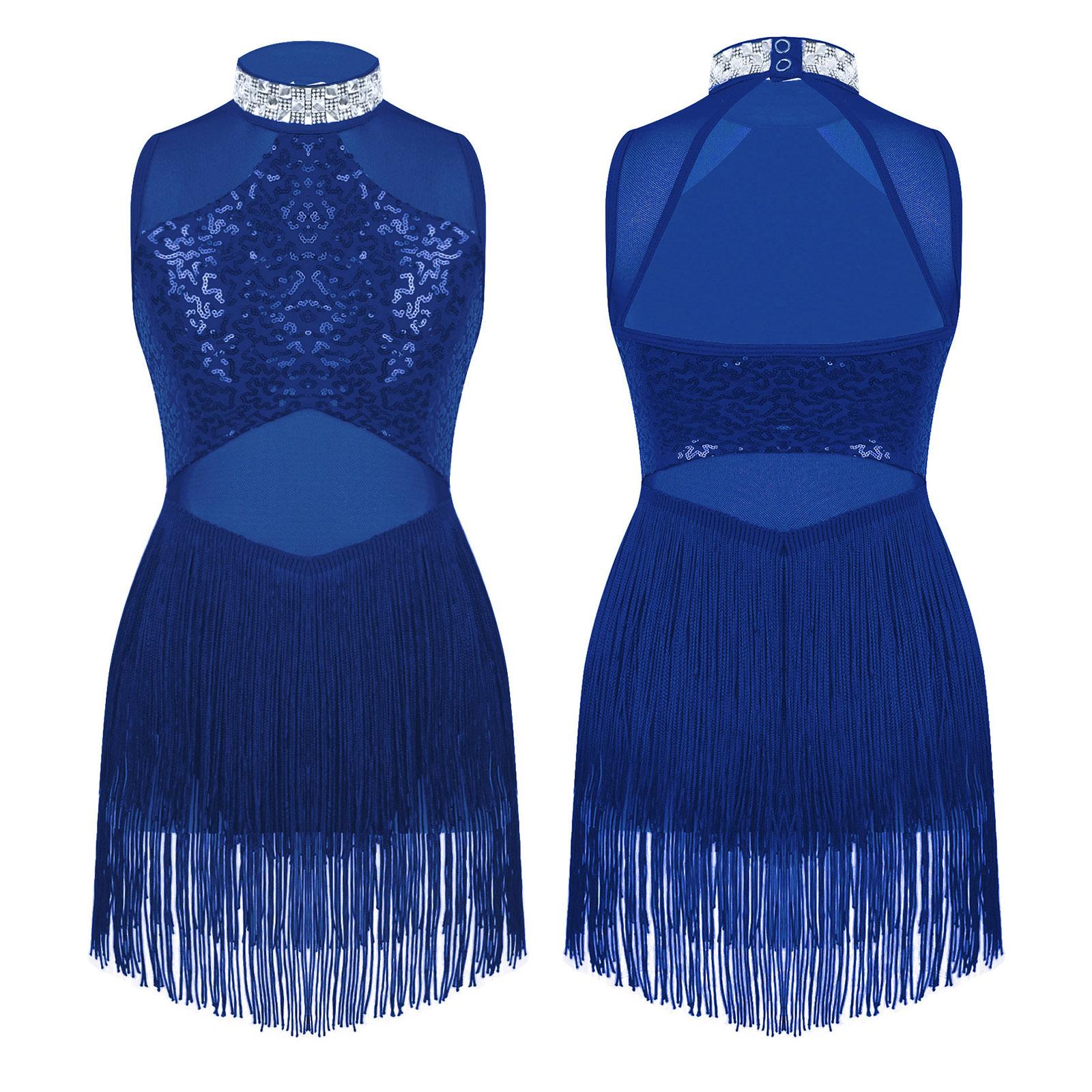 

Детские танцевальные купальники для девочек со стразами и пайетками, в стиле пэчворк, с кисточками и подолом для танго-самбы 11-12 Years королевский синий
