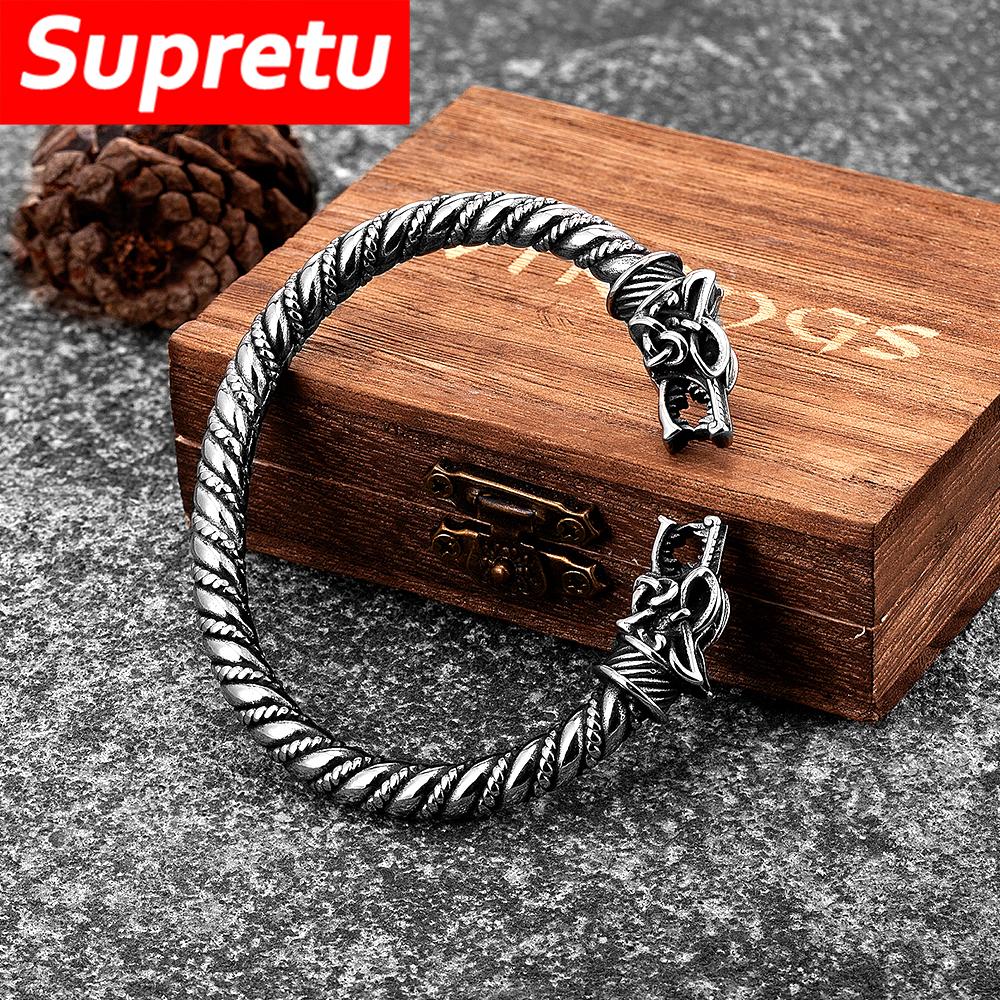 Punk Viking Odin Wolf Cuff Bangle Norse Mythology Geri Freki Amulet Bracelet Antique Stainless Steel Jewelry Gift for Men