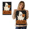 Halloween Garden Flag Ghost Holding Pumpkin Welcome Sign Polka Dot Background Outdoor Decorative Banner for Yard Patio