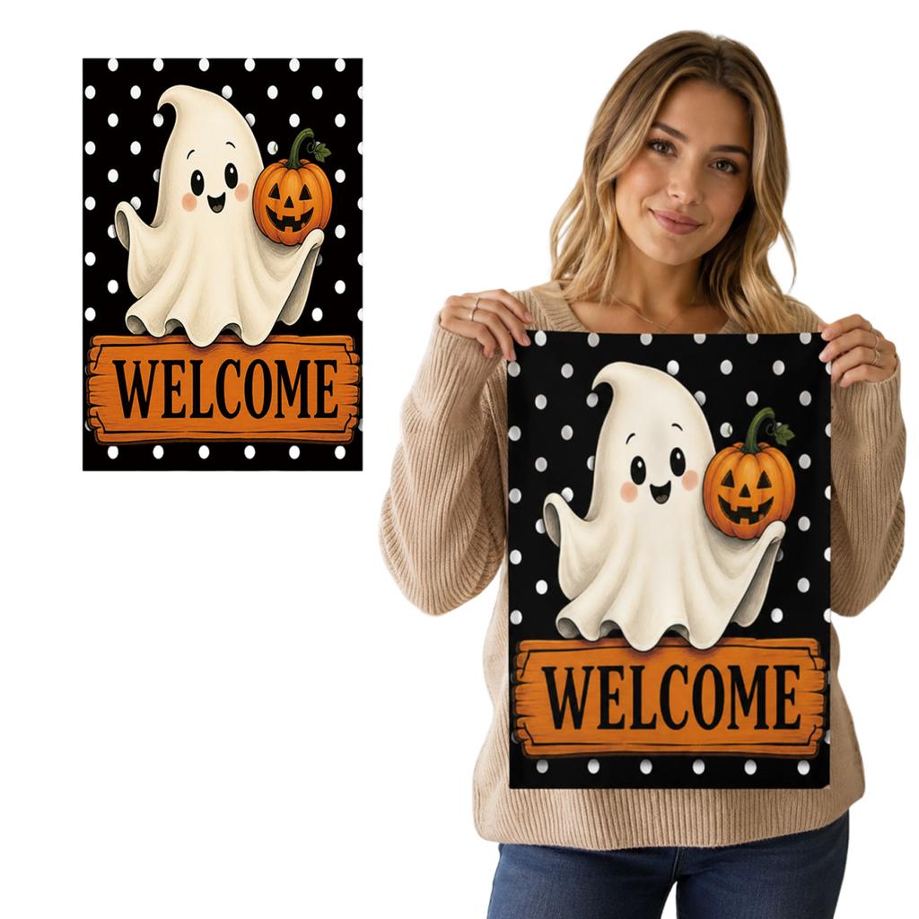 Halloween Garden Flag Ghost Holding Pumpkin Welcome Sign Polka Dot Background Outdoor Decorative Banner for Yard Patio