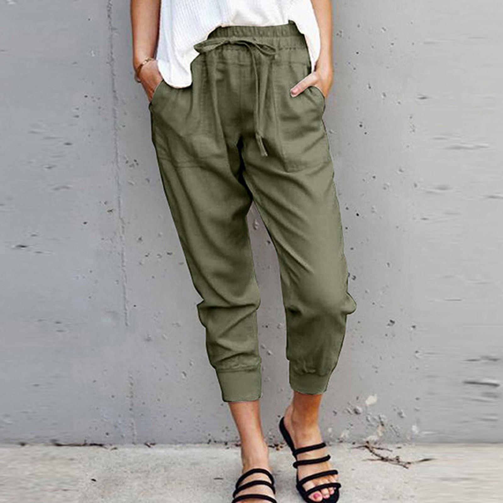 

Летние женские повседневные леггинсы с эластичными передними карманами на шнуровке, однотонные повседневные брюки длиной девять четвертей L