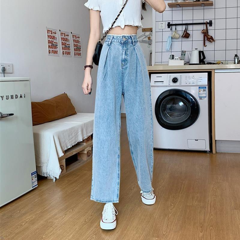 Lace-edged High-waisted Jeans Women's Wide-leg Pants Loose Straight Dad Pants Vintage and Thin Pants