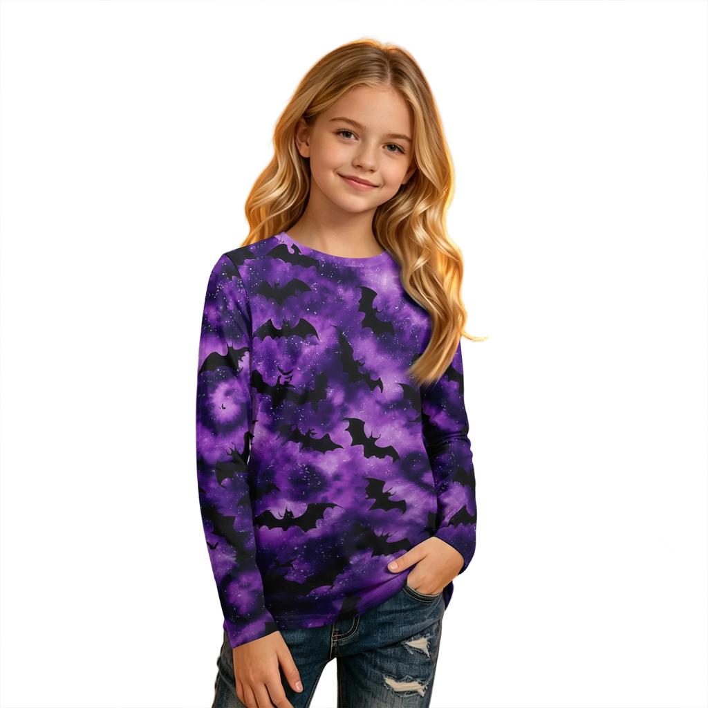 Kids' Long Sleeve Halloween Print T-Shirt with Round Neck for Everyday Wear
