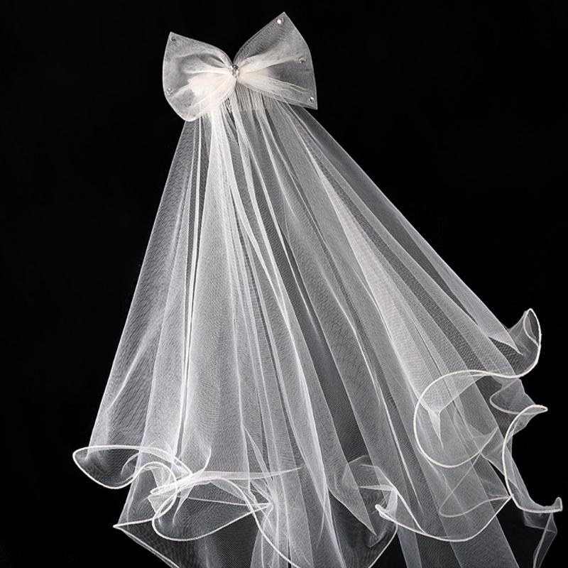 2 Tier Wedding Veil with Comb for Girls Communion Veil Bow Adorned by for Rhinestone Short Length Curly Edge Tulle Veil