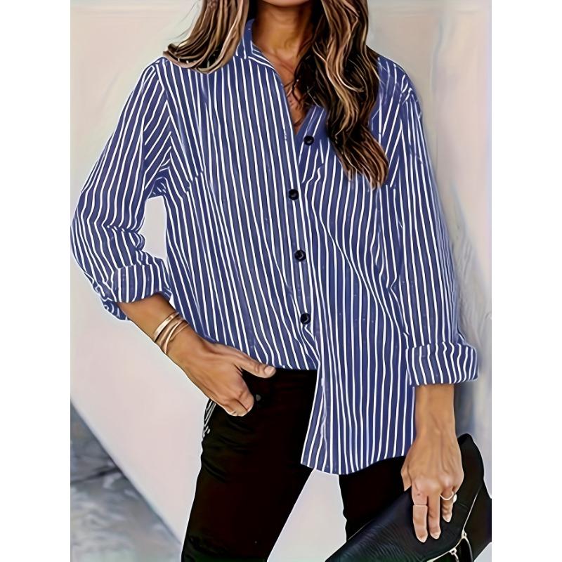 Elegante Camicia a Righe Bottonata da Donna - Blusa Casual a Manica Lunga con Collo, Poliestere Leggero, Lavabile in Lavatrice, Perfetta per l'Estate