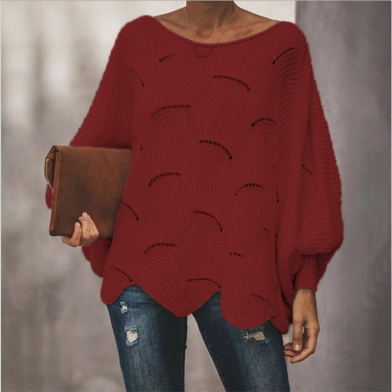 Women White Boat Neck Hollow Out Batwing Sleeve Oversized Knit Sweater