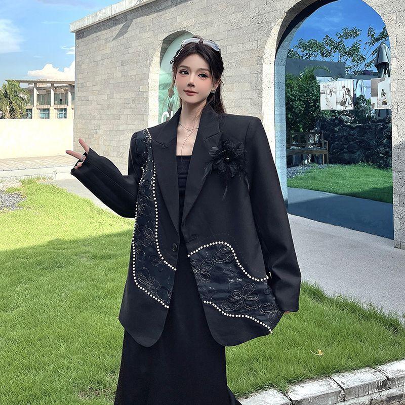 Womens Luxury Black Blazer Spring Autumn High Quality Sequins Embroidery Beaded Design Fashion Casual Formal Work Suit Coat