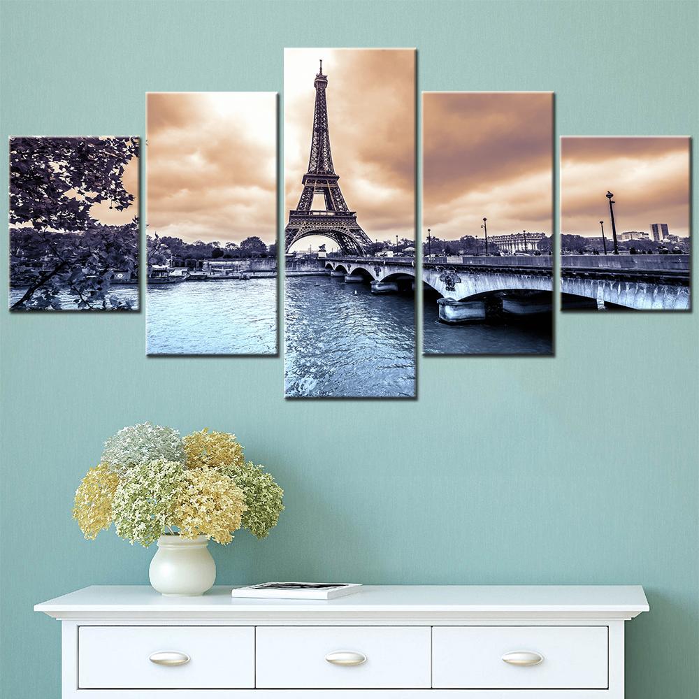 5 Piece HD Printed Poster Modular Canvas Wall Art Landscape Decoration Paris Eiffel Tower from the Seine Picture Home Decor 20X35 20X45 20X55M