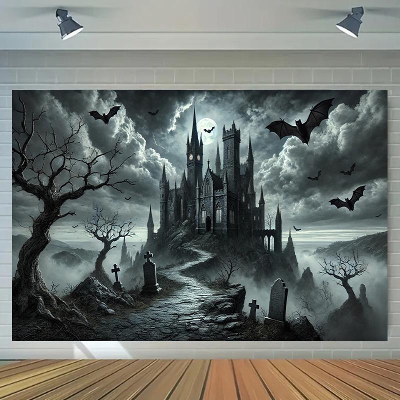 1 Pc 2D Flat Halloween Theme Background Cloth Banner, Gothic Castle Night Scene, Halloween Decoration, No Power Required——sjs