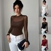 2026 Cross-border Europe, America, Amazon's New Semi-turtleneck Splicing Perspective Mesh Sleeve Solid Tube Top Fake Two-piece Top