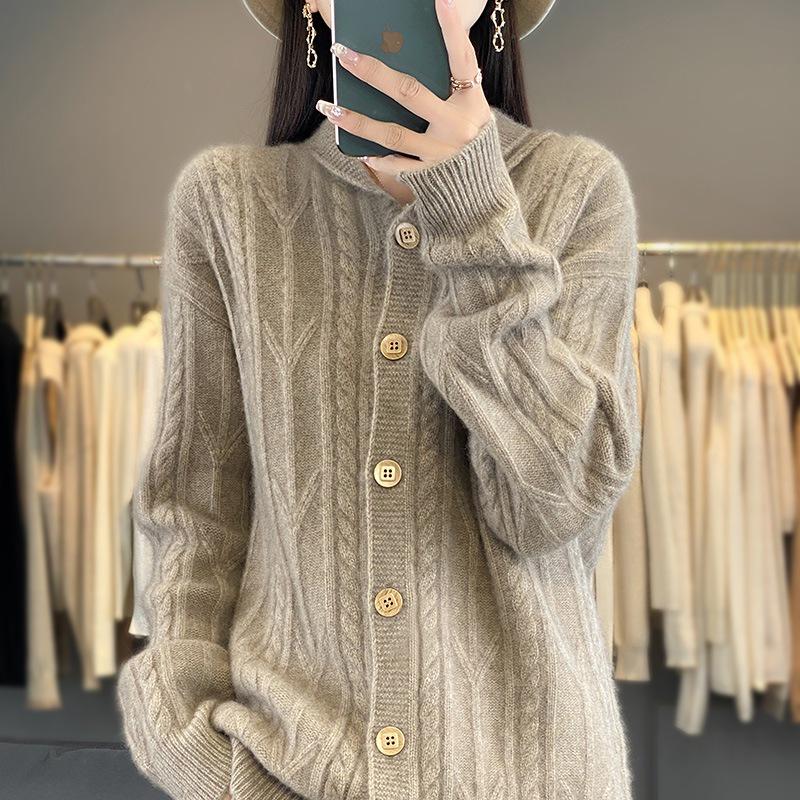 Women's Thick Woolen Cable Knit Cardigan with Lapel - Autumn/Winter Long Sleeve Cashmere Knitwear.