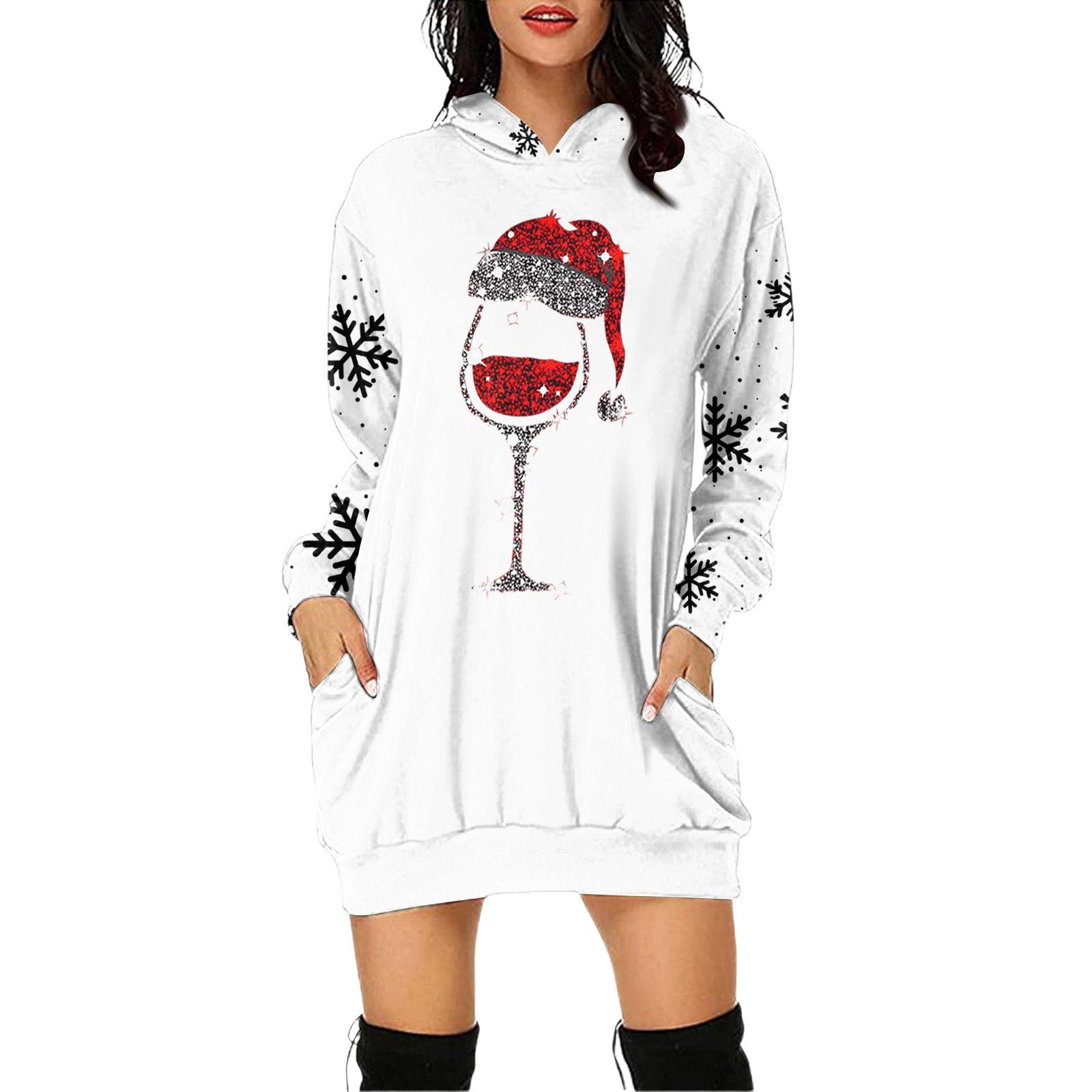 

Женское платье-пуловер с капюшоном и карманом с рождественским принтом и длинным рукавом S белый