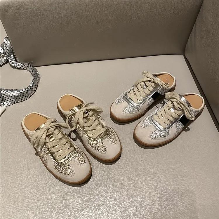 Fashion Women Bling Mules Bright Sequin Slides Shoes Loafers Walking Sneakers Lazy Clogs Platform Summer Creeper Baotou Half Slippers