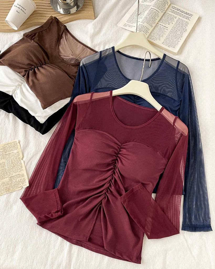 2026 Spring/Summer Women's Slim Mesh Layer Round Neck Long Sleeve Top