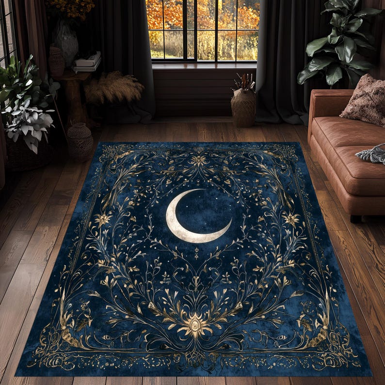Crescent Moon Celestial Night Sky Rug Mystical Art Carpet Elegant Blue Living Room Decor Non-Slip Washable Floor Mat