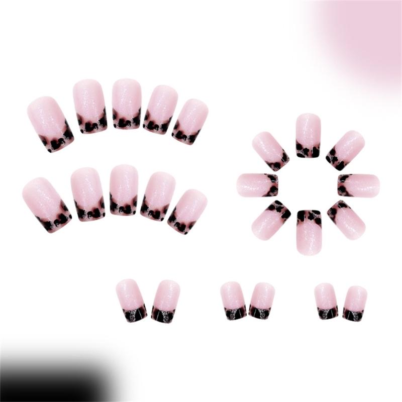 French Leopard Print Press On Nail Square Coffin Nail Medium Designs Full Cover Artificial Nail Stick on Nail 24Pcs
