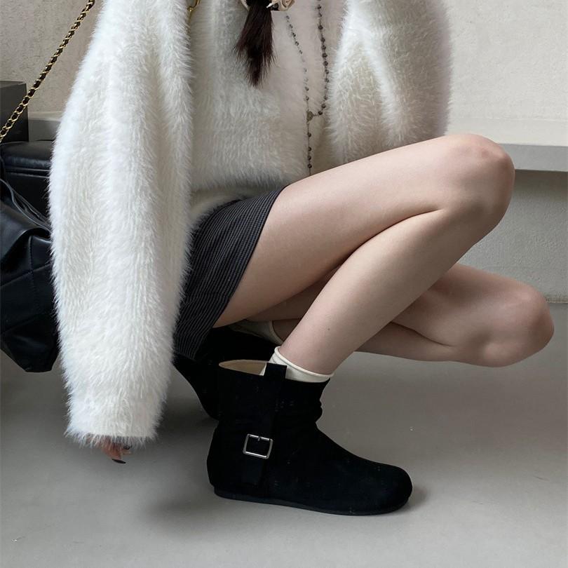 Korean version of round head handmade pleated stacking boots medium tube boots women's new sleeve thin thick heel western cowboy boots