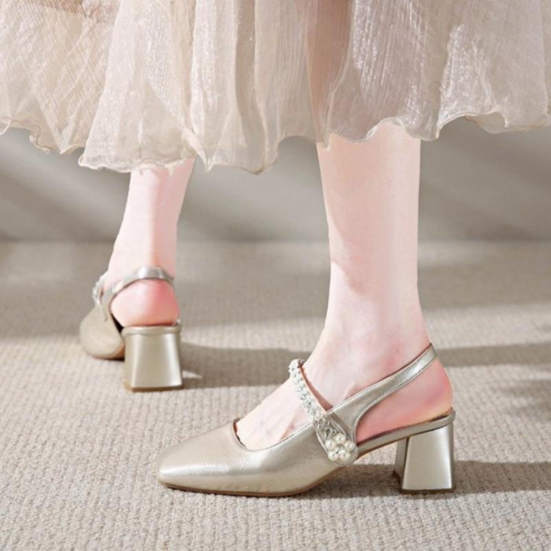 Women's Sandals Covering Toe Mid Heel High Heel Single Shoes Summer Fairy Style with Skirts Rubber Bottom Square Head